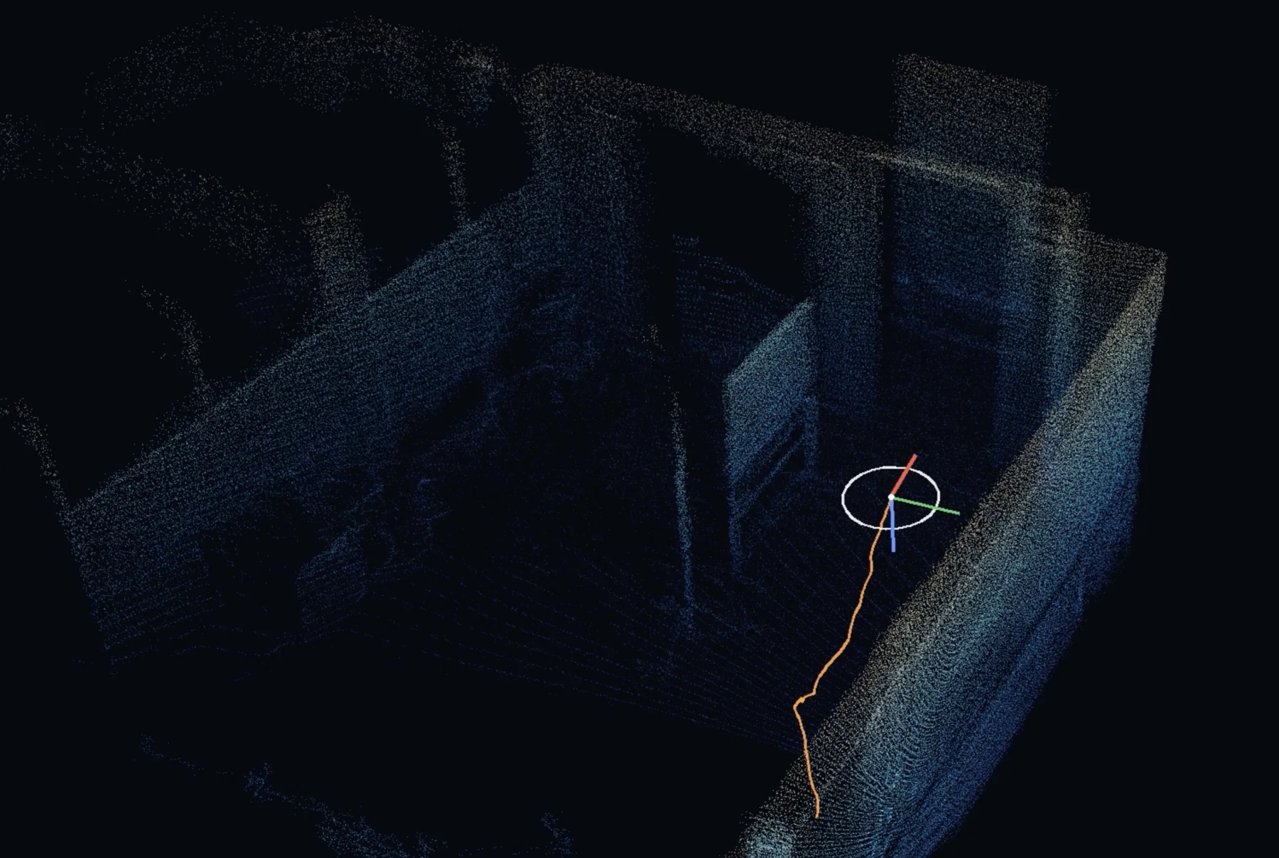 자체 개발 3D LiDAR SLAM이 만든 실내 구조물 포인트 클라우드 지도와 드론의 위치·궤적 / Point-cloud map built by Stably's 3D LiDAR SLAM, showing the drone's pose and trajectory